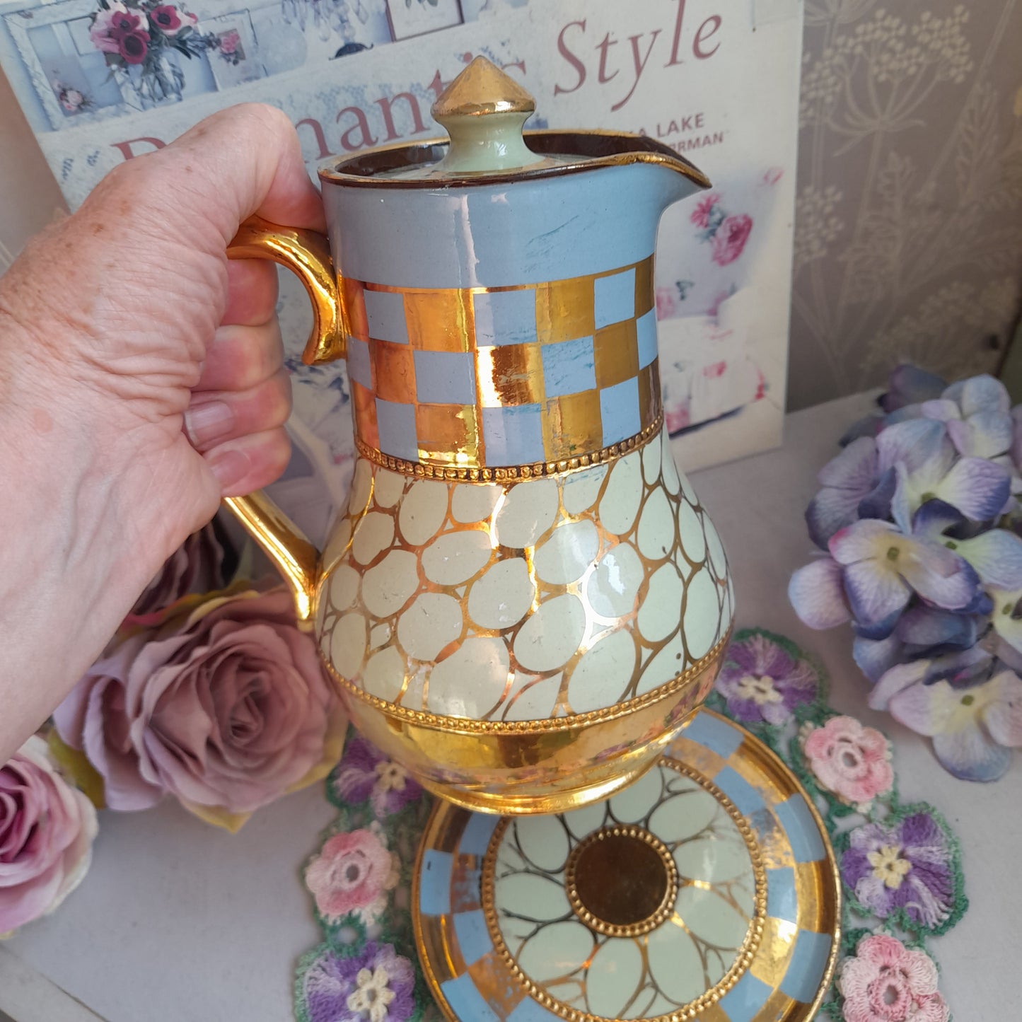 Vintage Sadler England Coffee Pot, Blue & Mint Green Checkerboard, Gold Gilt 1563