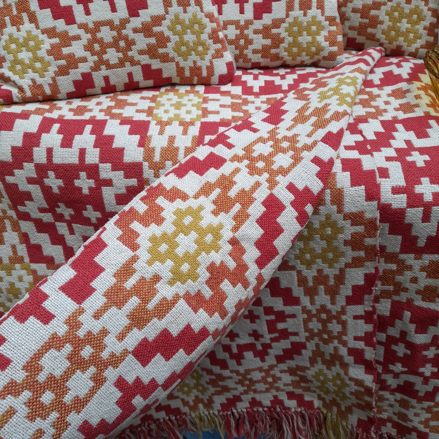 Welsh Tapestry Blanket in Orange & Cream Unique Hand Woven Design by Alana's Welsh Weaves BNWT