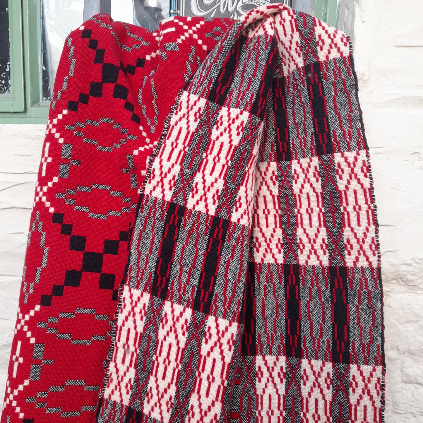 Vintage Welsh Tapestry Blanket in Red, Black & White King Size