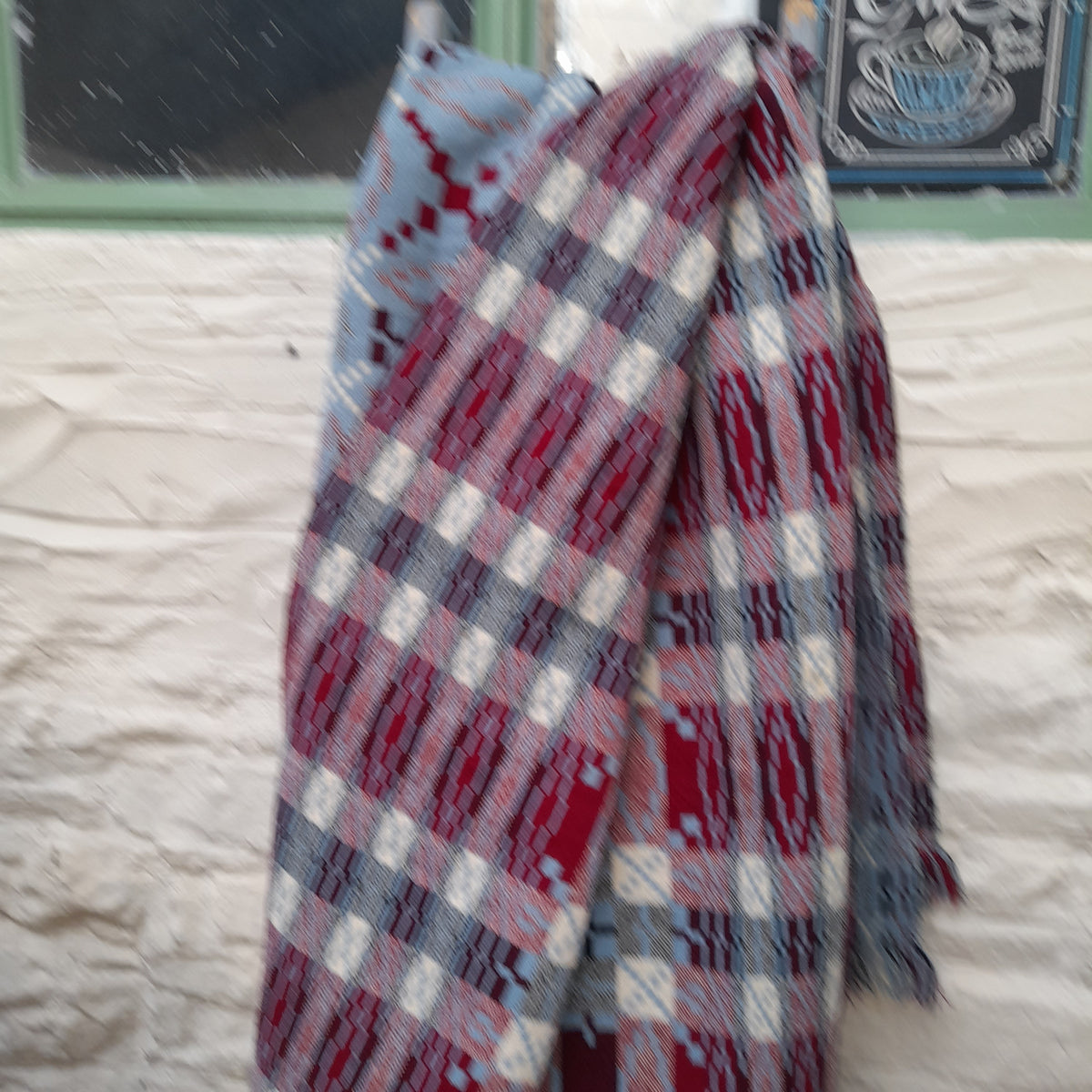 Rare Vintage Welsh Tapestry Blanket in Wedgwood Blue, White, Black & Burgundy Claret King Size