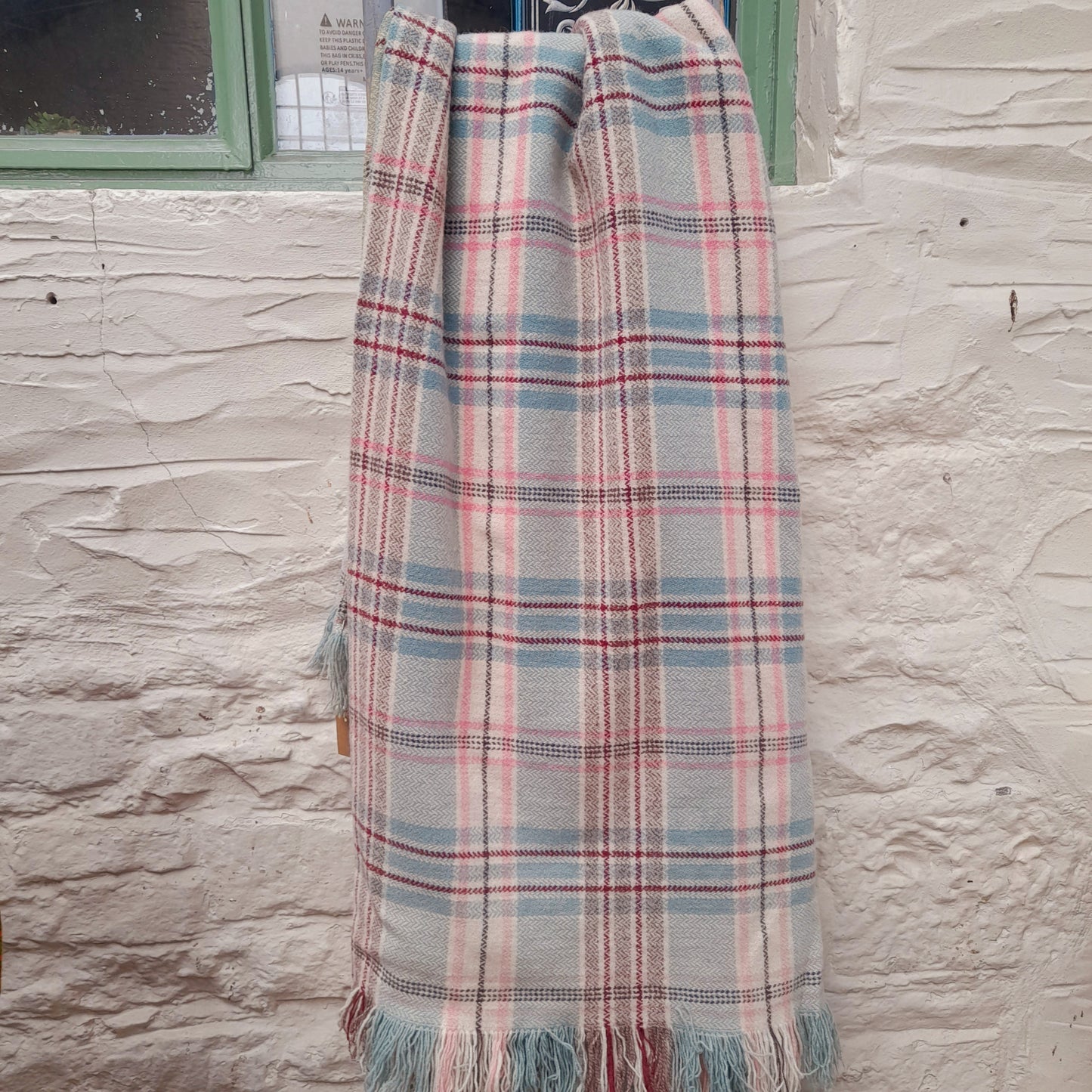 Vintage Welsh Wool Blanket/Carthen in Pale Blue, Cream, Burgundy & Pink Check