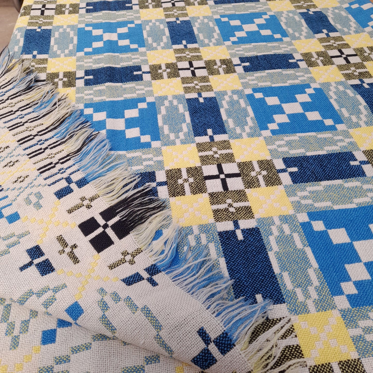Vintage Welsh Tapestry Blanket in Blue, Black & Daffodil Yellow King Size