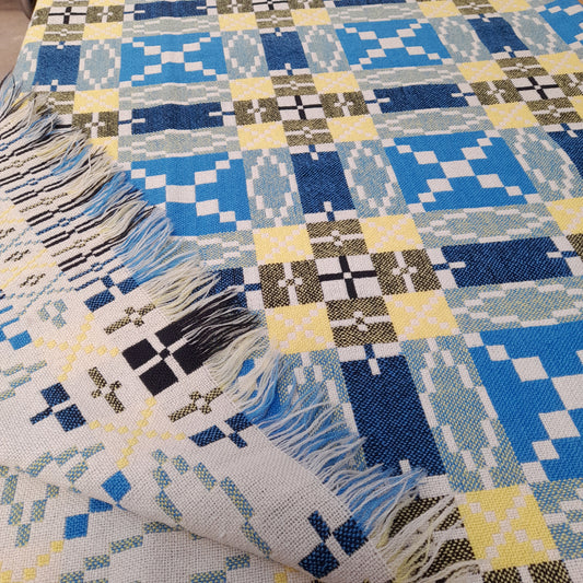 Vintage Welsh Tapestry Blanket in Blue, Black & Daffodil Yellow King Size