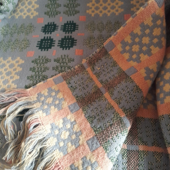 Vintage Welsh Tapestry Blanket in Pale Blue Green White & a Pop of Pink