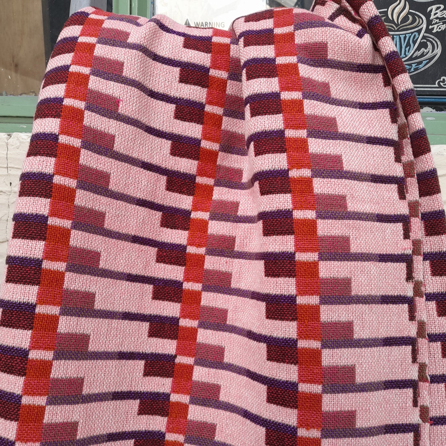 RARE Vintage Welsh Tapestry Blanket in Rose Pink, Orange & Burgundy Original Holytex Mill Label