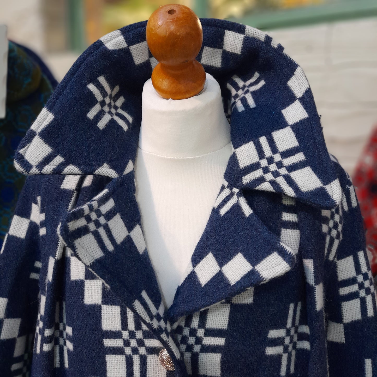 Vintage Navy & White Wool Coat by Lisou Woven by Melin Tregwynt