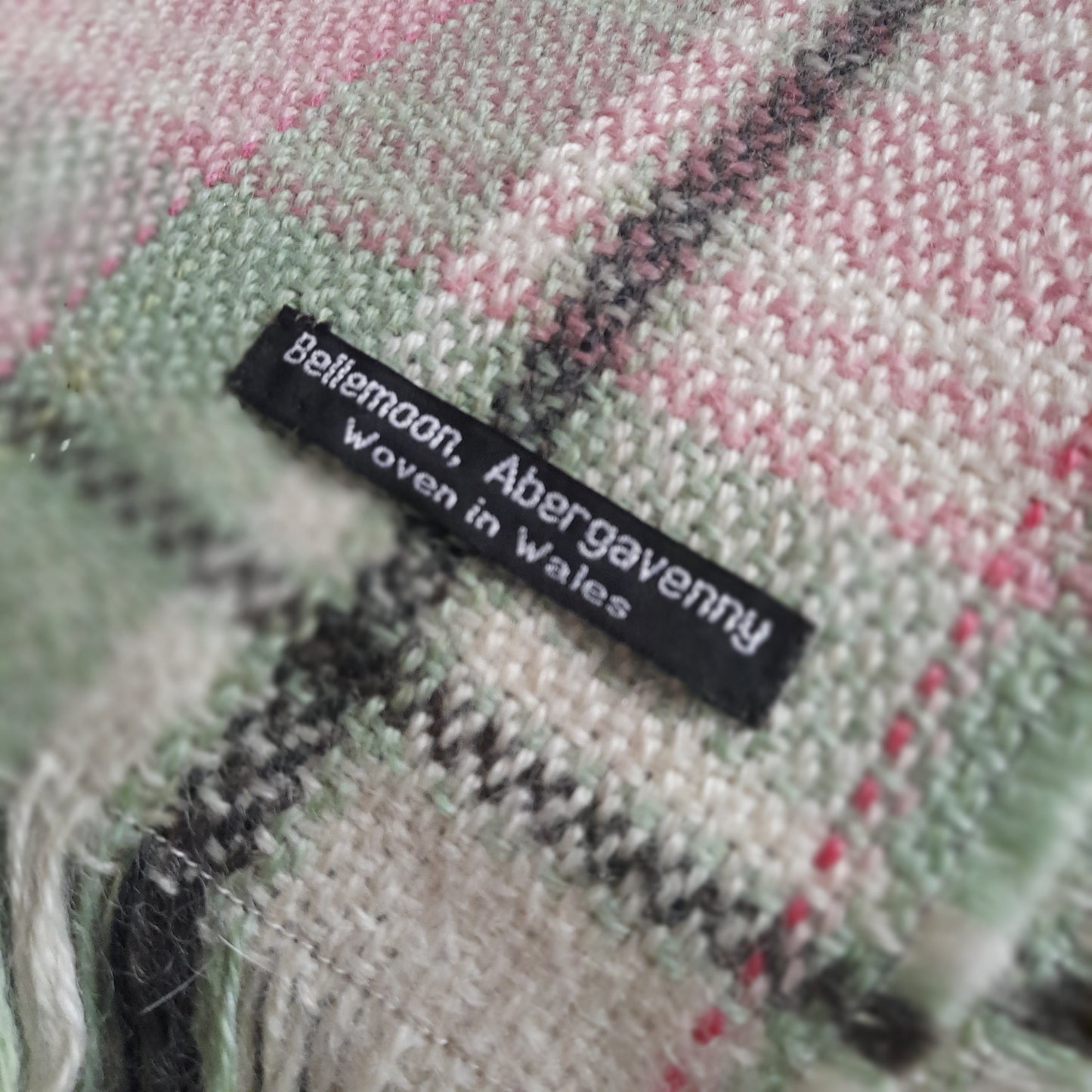 PAIR Hand Woven Welsh Blankets in Pale Sage Green, Rose Pink on a Cream Background with Liquorice Stripe