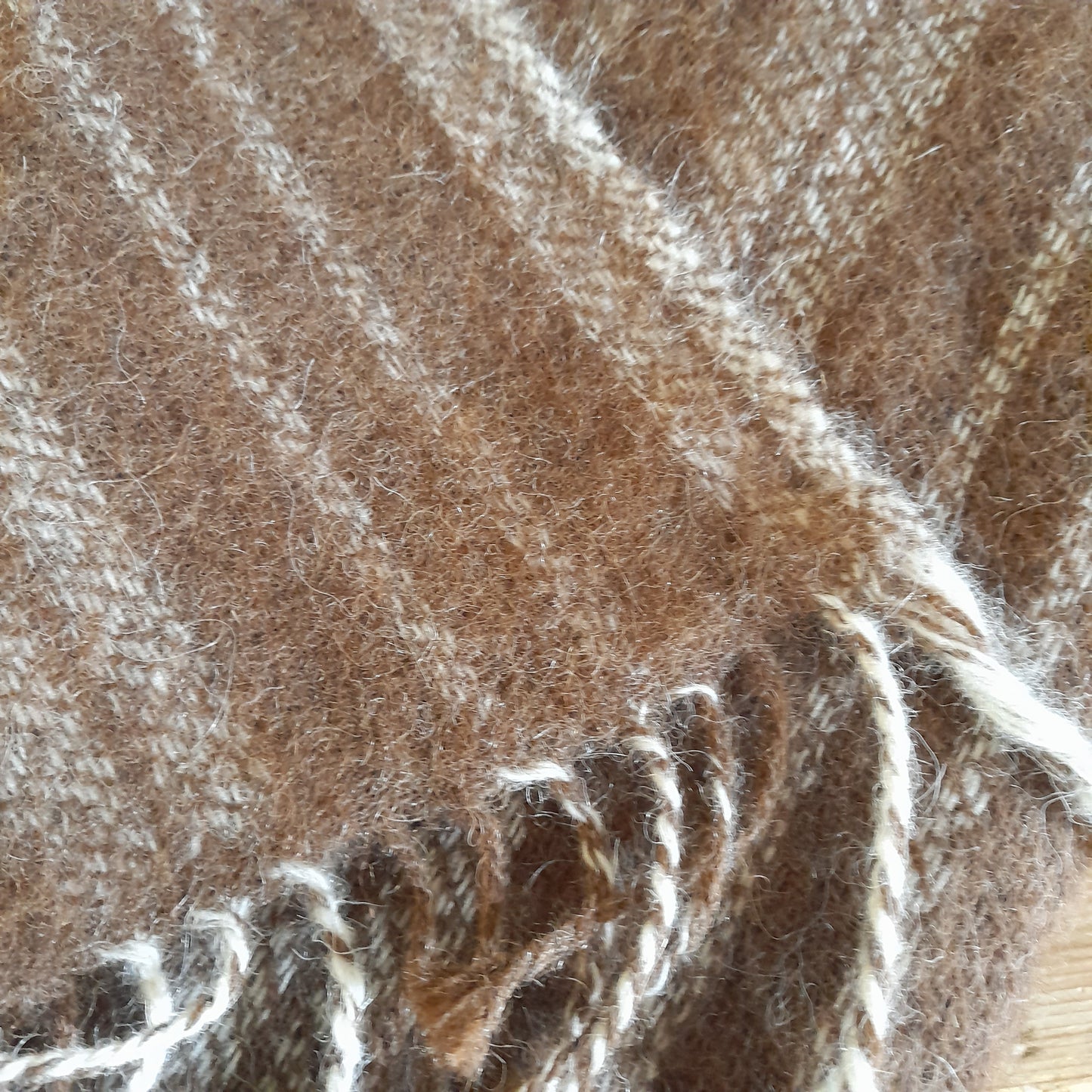Welsh Blanket in Natural Brown Alpaca Wool Cream Stripe Hand Woven by Curlew Weavers