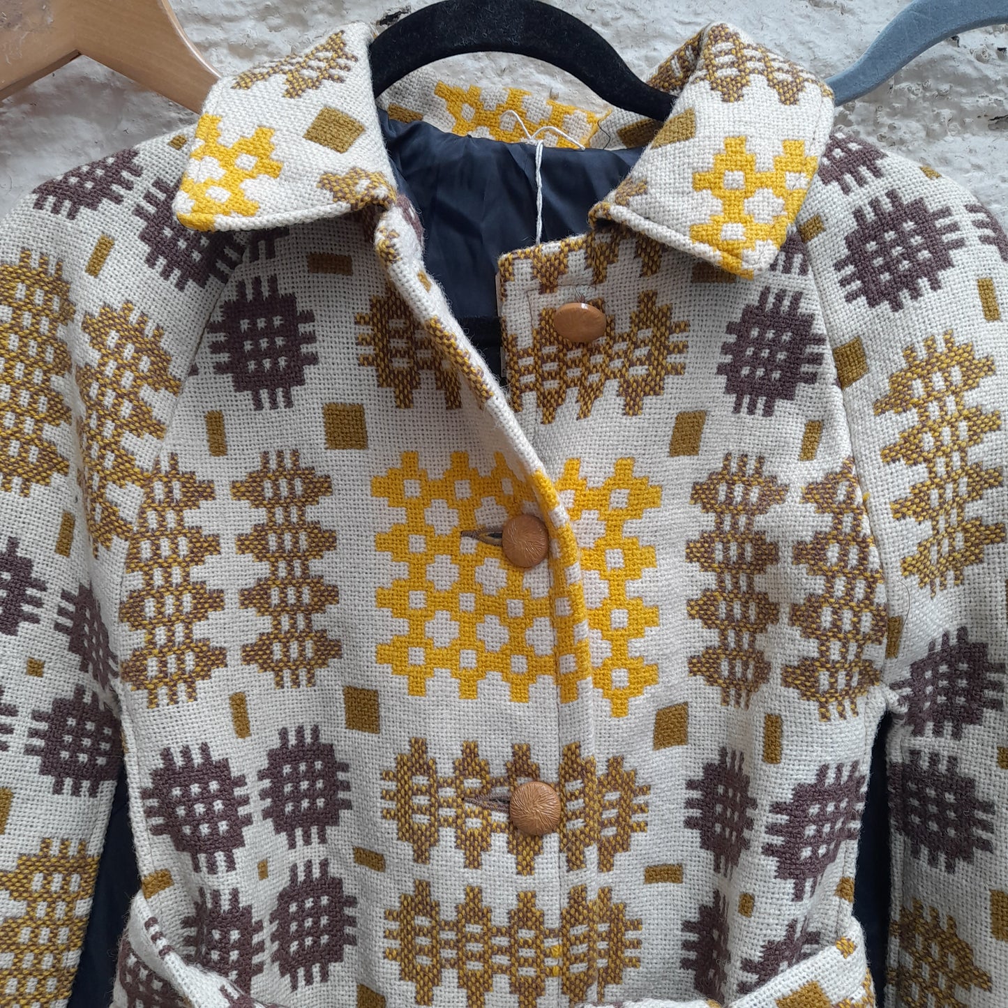 Vintage Welsh Tapestry Cape/Poncho in Cream, Yellow & Brown