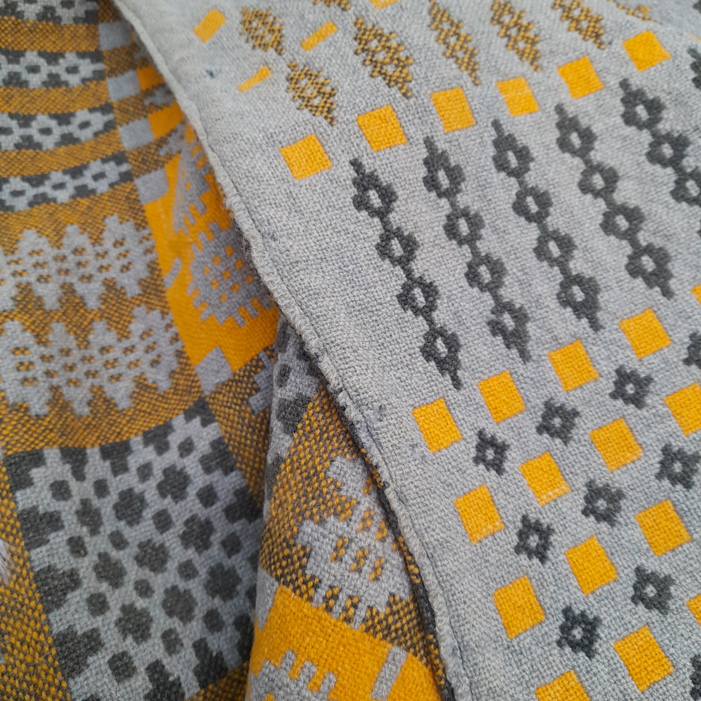 Antique Handmade Welsh Wool Tapestry Blanket in Sage Green & Orange