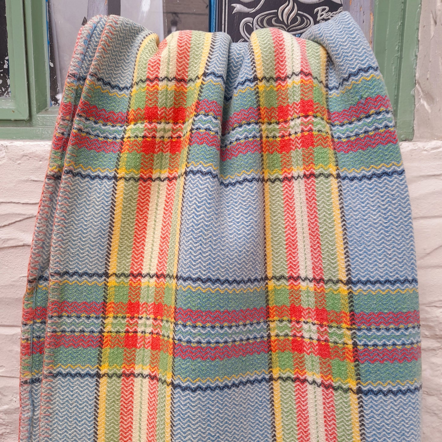 Vintage Welsh Wool Blanket/Carthen in Vibrant Blue, Green, Yellow & Red With Liquorice Stripe