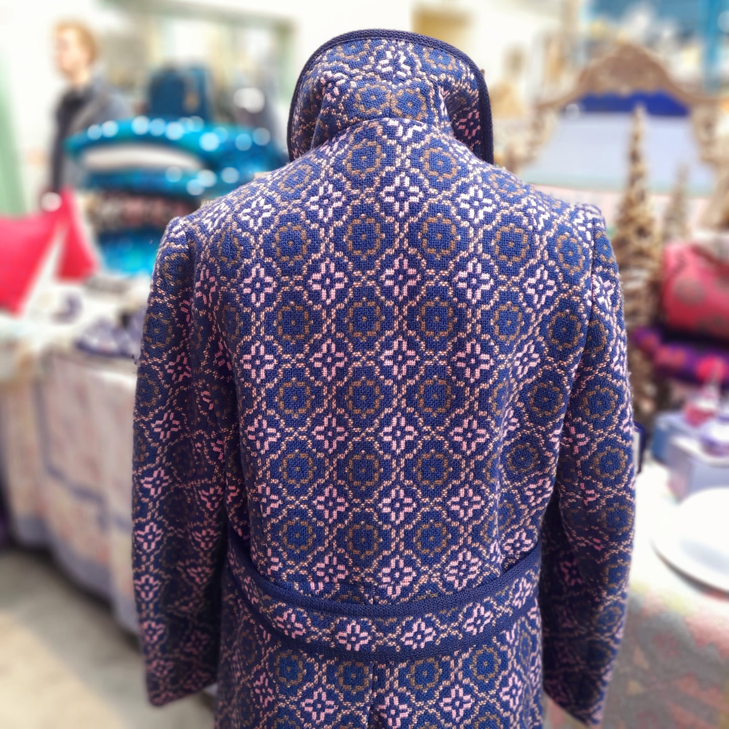 Vintage Full Length Welsh Tapestry Coat in Navy Blue Brown & Pink Unworn