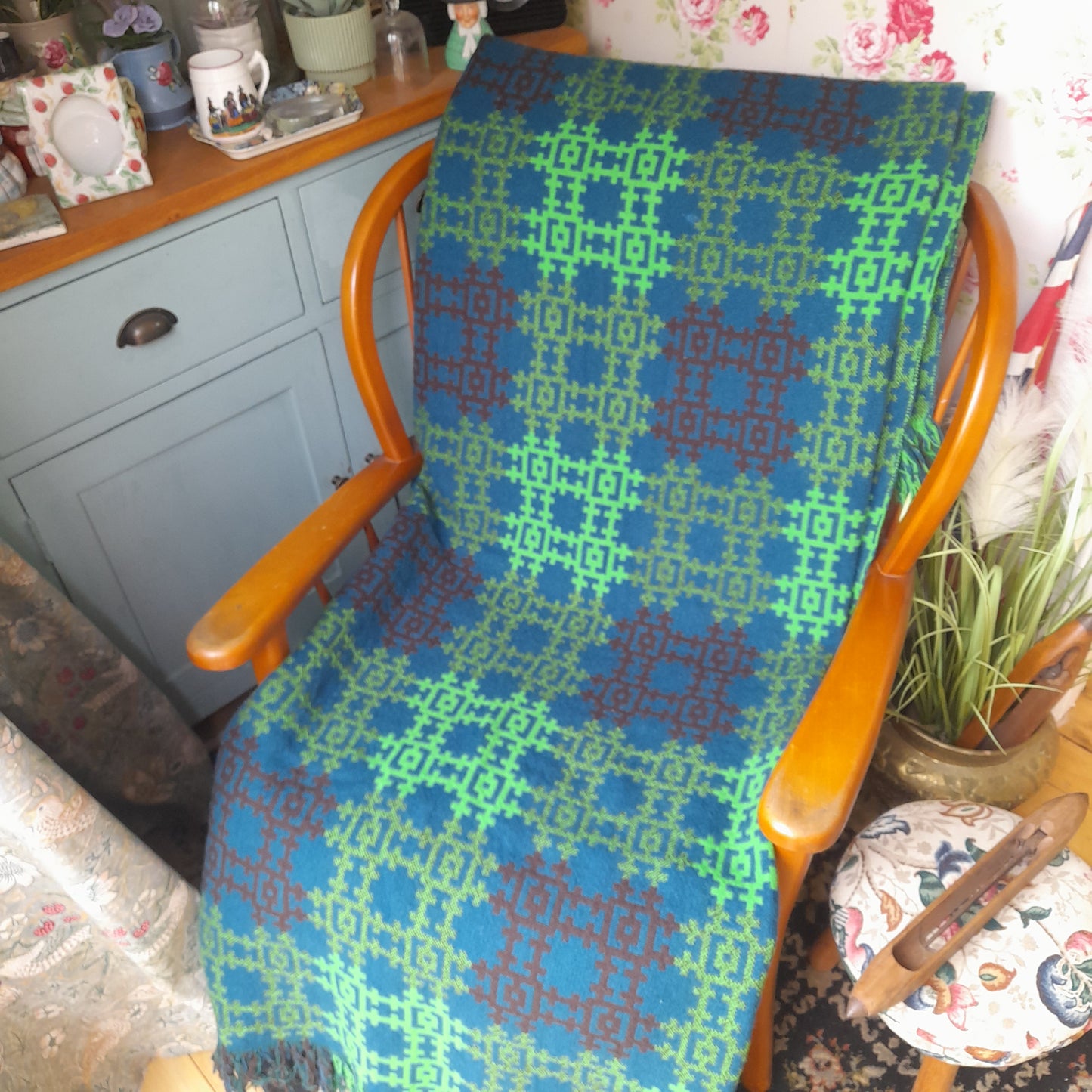 Rare Vintage Welsh Tapestry Blanket in Teal & Lime Green by Arthur Morus at Dolwerdd Mill