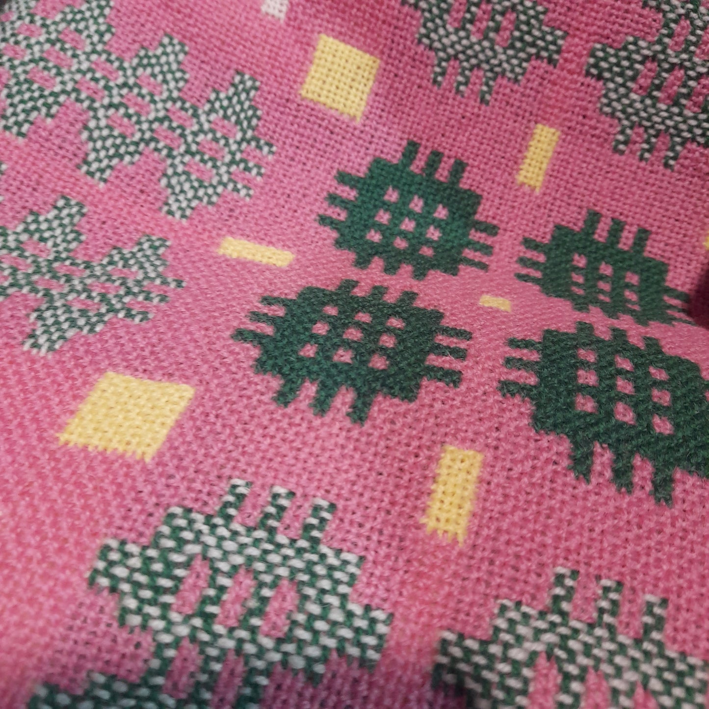 Vintage Welsh Tapestry Blanket in Pink Green & White With a Pop of Yellow by Elfed Woollen Mill