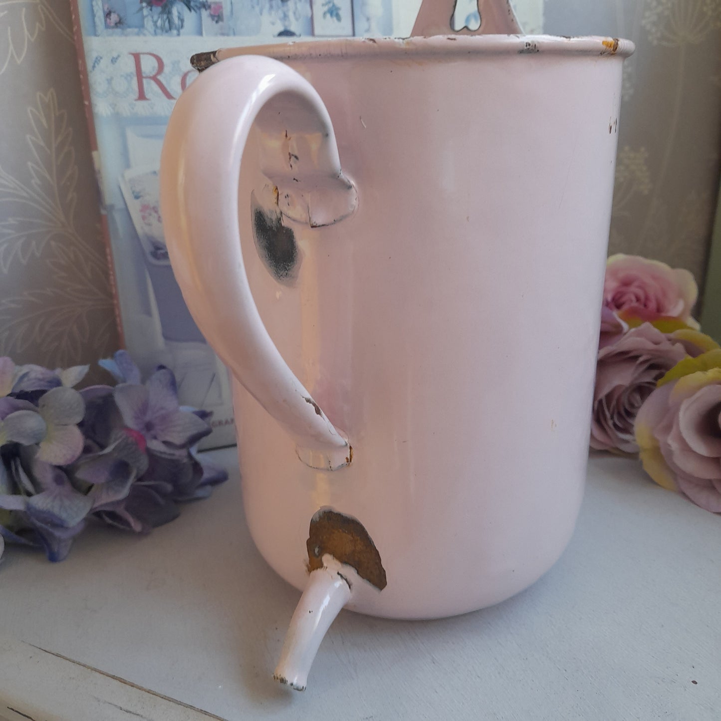 Antique Pale Pink Rustic French Enamel Water Dispenser, Brocante Style Display Will Wall Hang