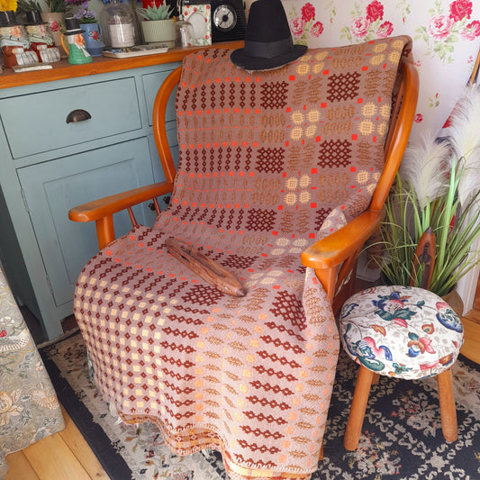 Antique Welsh Blanket in Latte Brown Orange & Cream