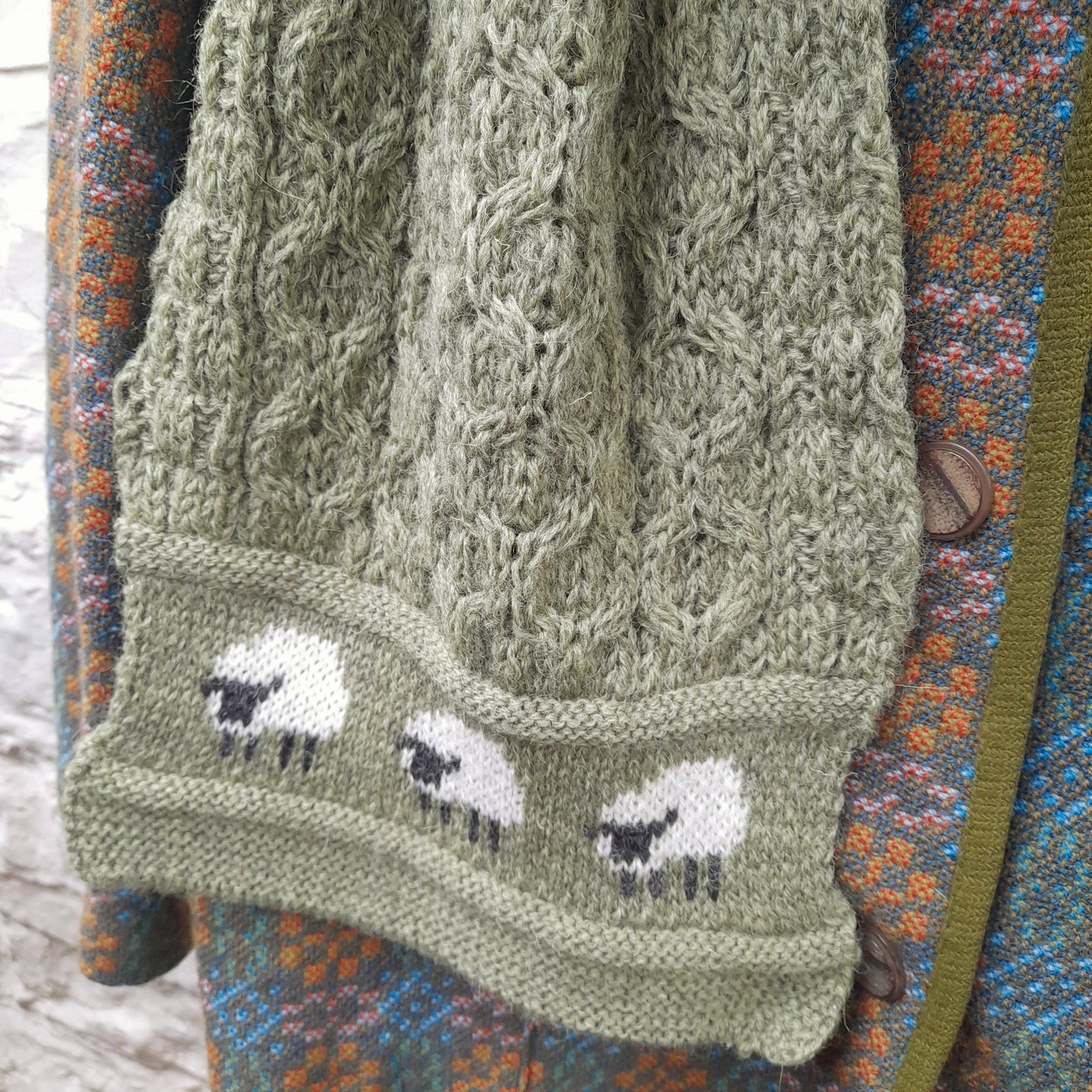 Hand Knitted Welsh Wool SHEEP Scarf in Khaki Green