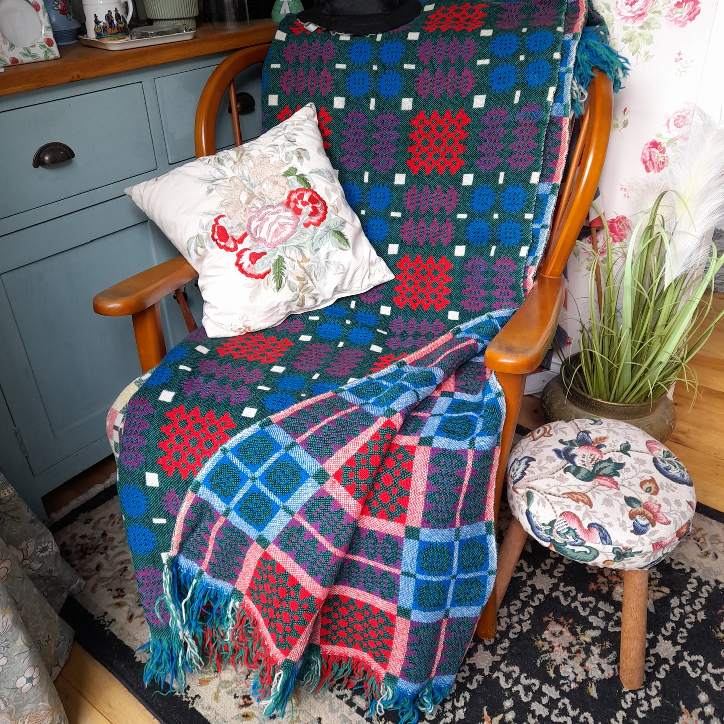 Vintage Welsh Tapestry Blanket in Teal Green, Cobalt Blue, Scarlet Red & White