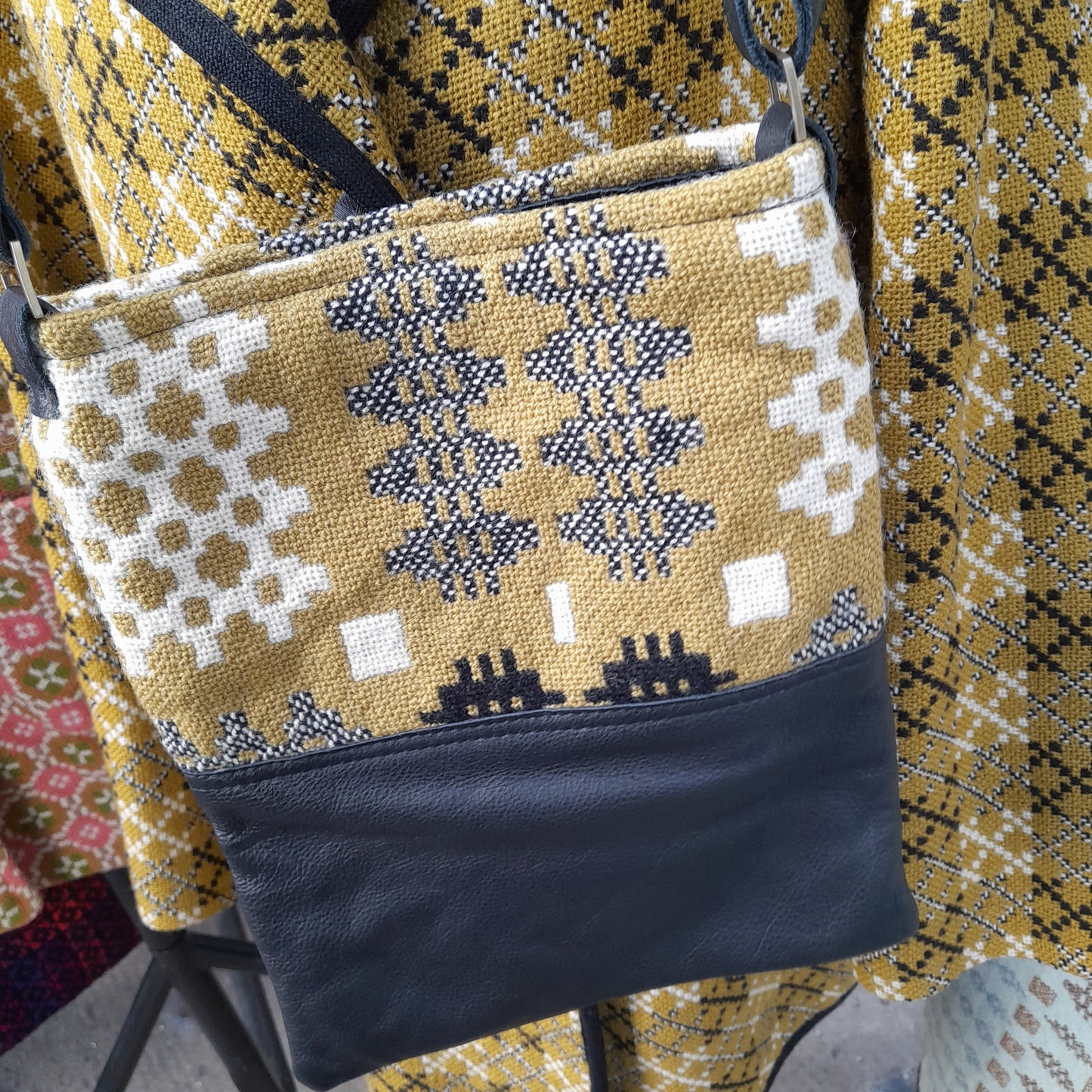 Handmade Coterie Leather Cross Body Handbag Made With Mustard & Black Vintage Welsh Wool Tapestry BNWT RRP £137