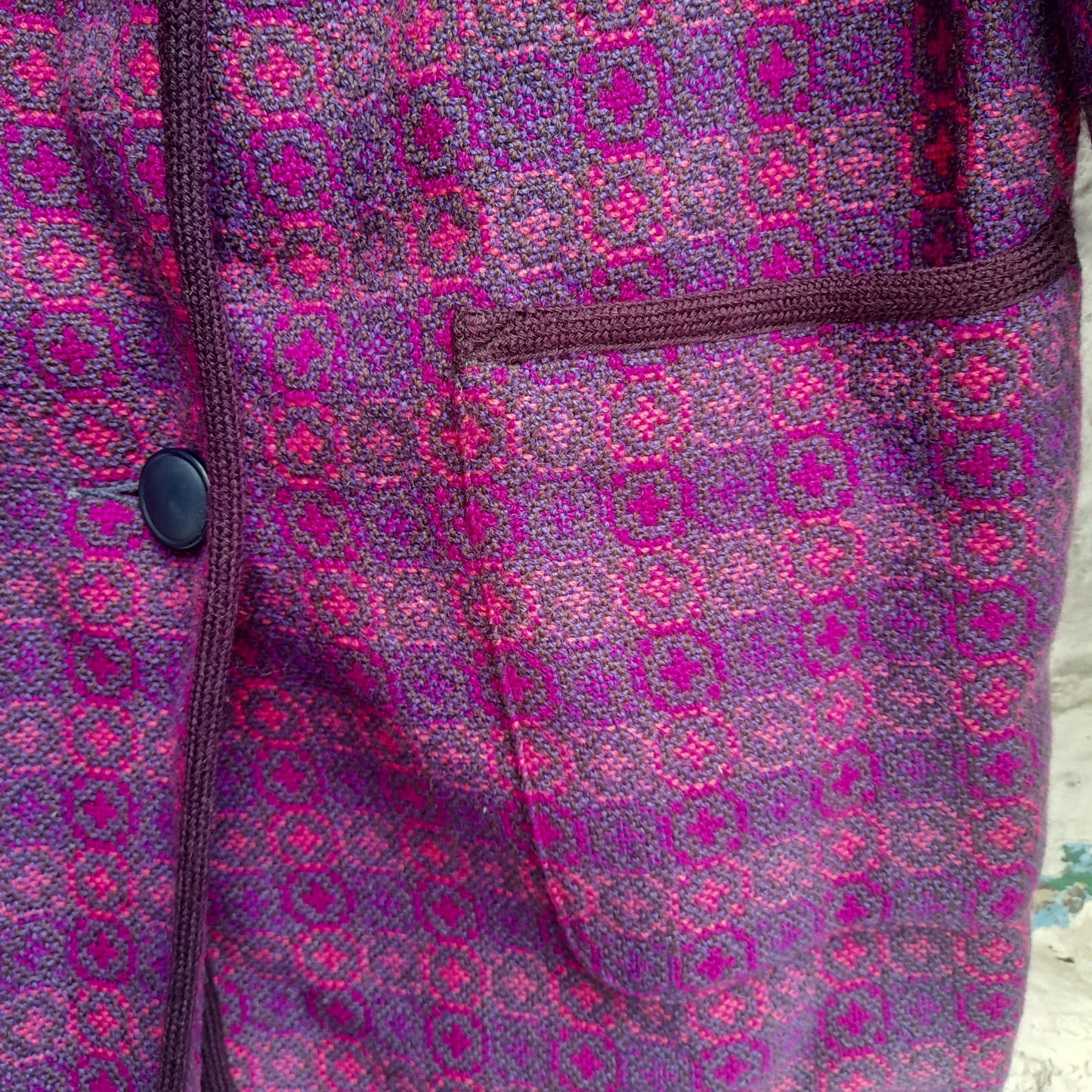 Vintage Welsh Tapestry Pea Coat in Purple & Pink Size 16/18