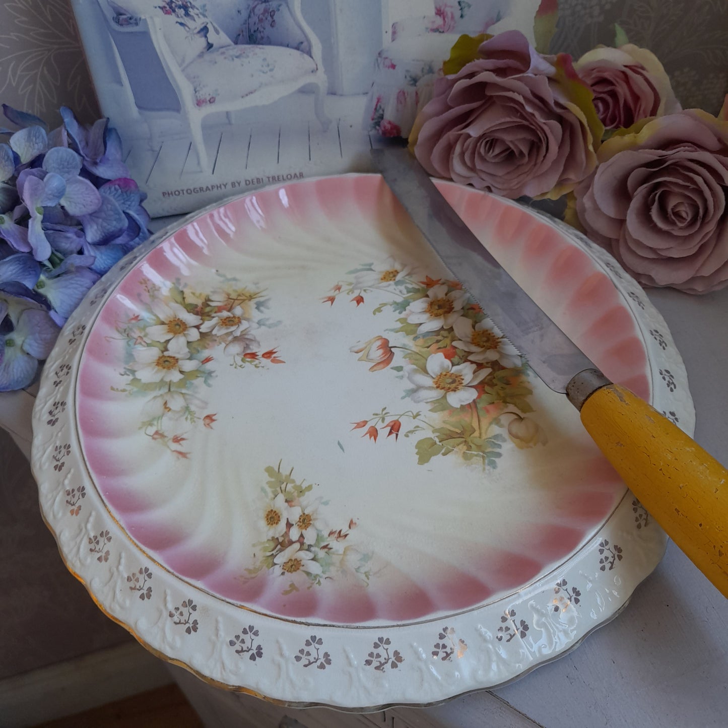 Large Antique Pink Floral Bread Plate With Scallop Edge Very Shabby Chic