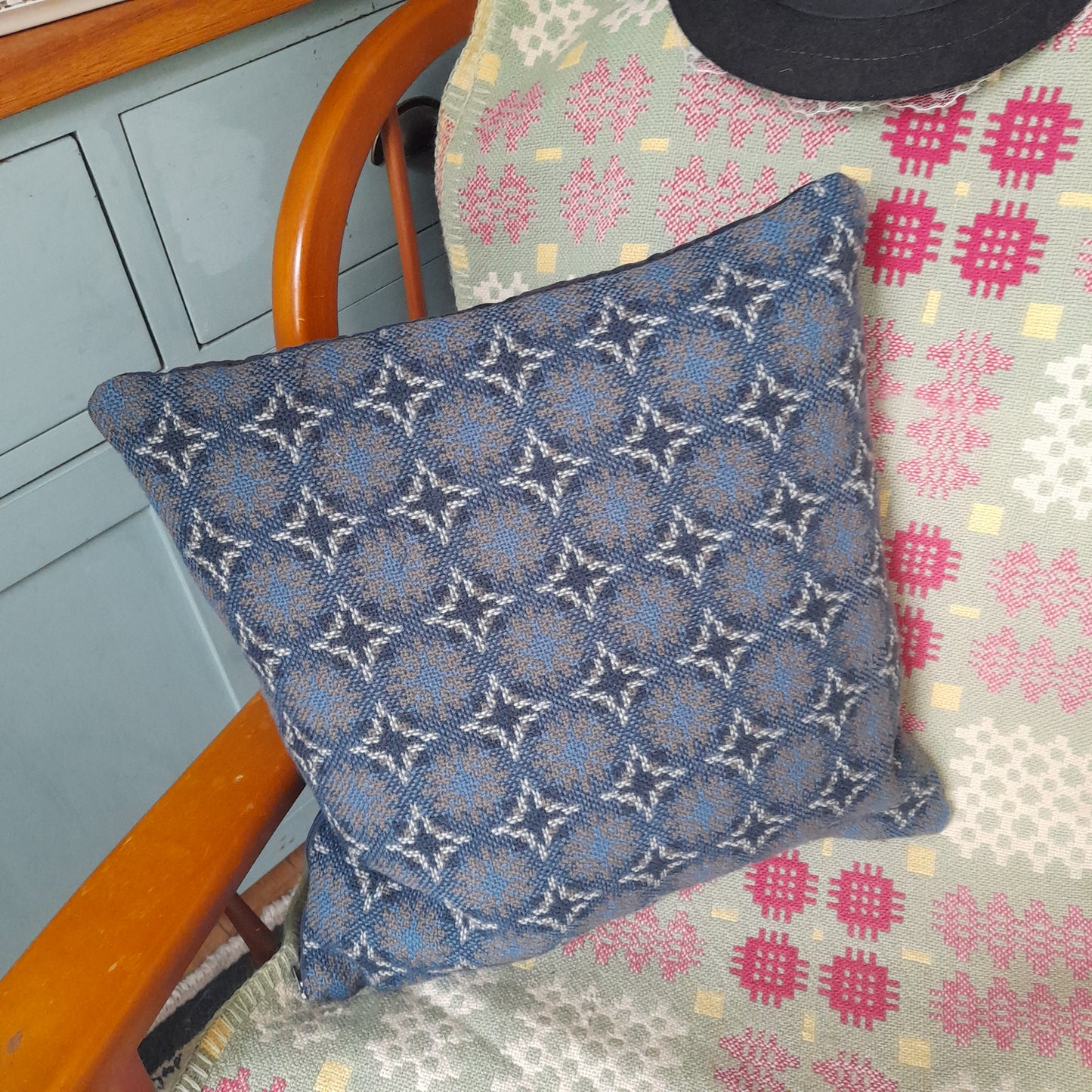 Handmade Cushion Made From Vintage Welsh Tapestry Woven Fabric in Navy & Grey 18"