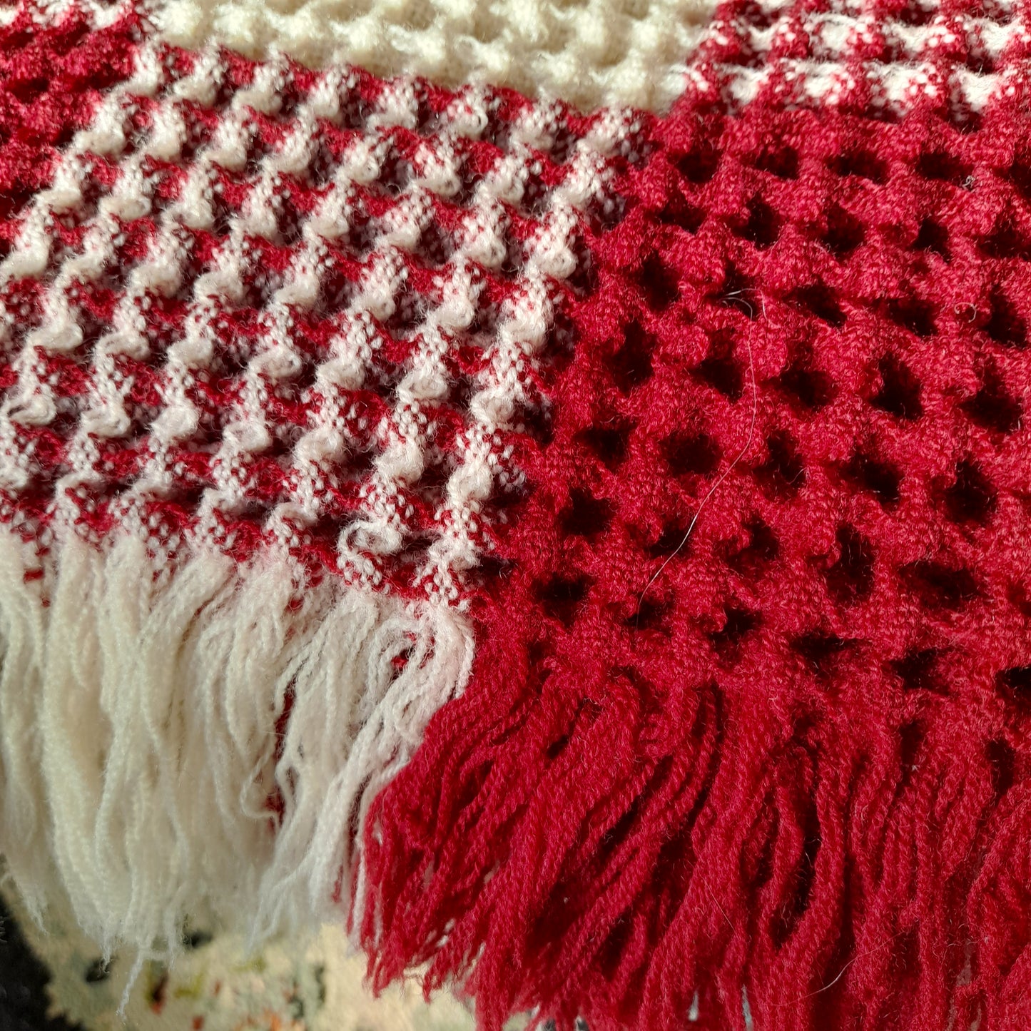 Vintage Welsh Wool Waffle Honeycomb Blanket Burgundy & Cream Check