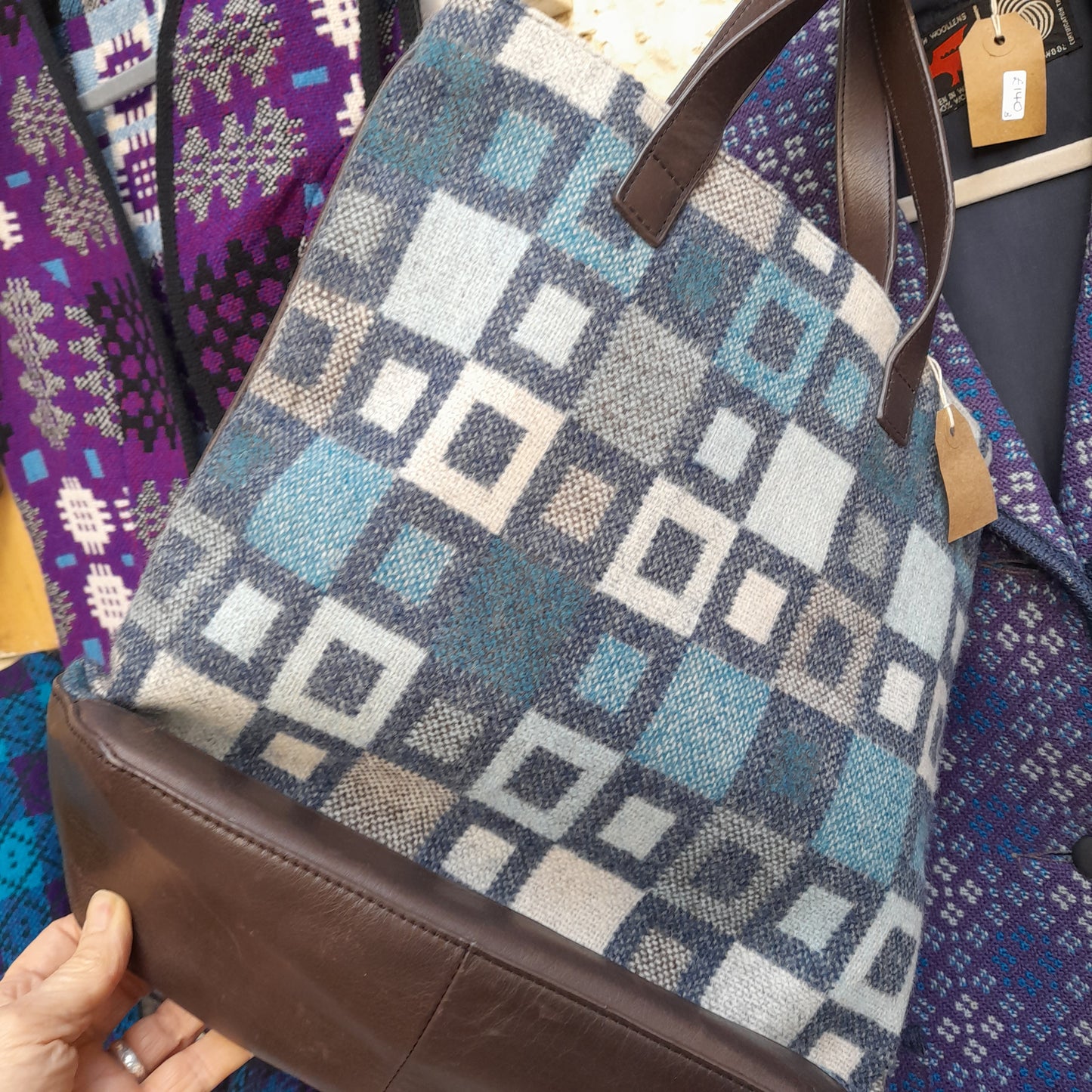 Welsh Tapestry & Leather Handbag in Blue & Grey 'Madison' by Melin Tregwynt