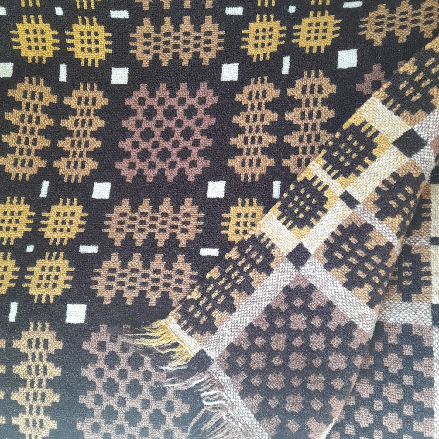 Vintage Welsh Tapestry Blanket in Brown, Gold & Cream by Trefriw Woollen Mill