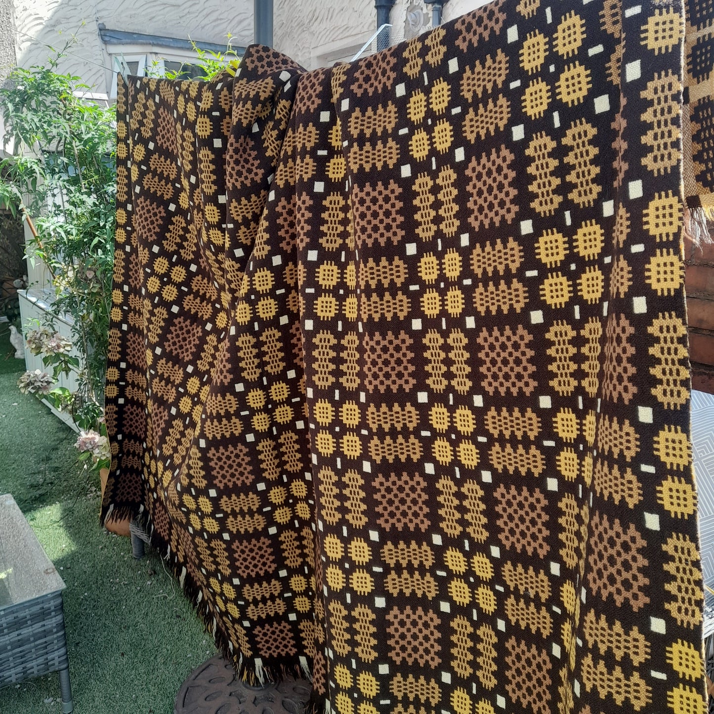 Vintage Welsh Tapestry Blanket in Brown, Gold & Cream by Trefriw Woollen Mill
