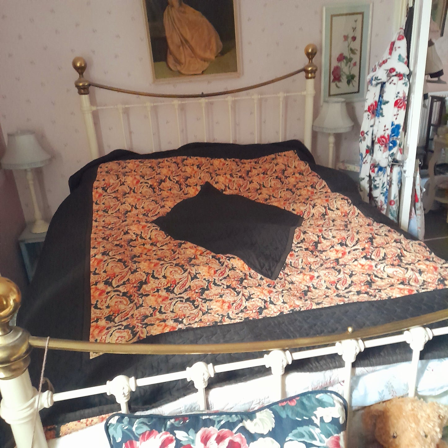 Art Deco Antique Black & Burnt Orange Paisley Quilt Reversible