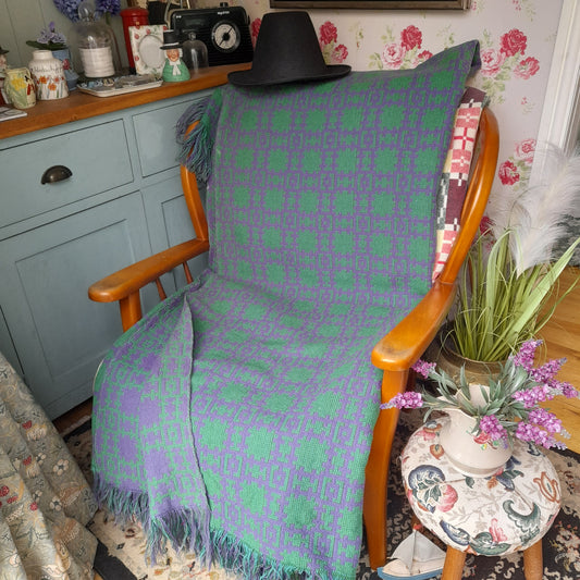 RARE Vintage Welsh Tapestry Blanket in Bright Green & Purple Woven by Arthur Morus Dolwerdd Mill