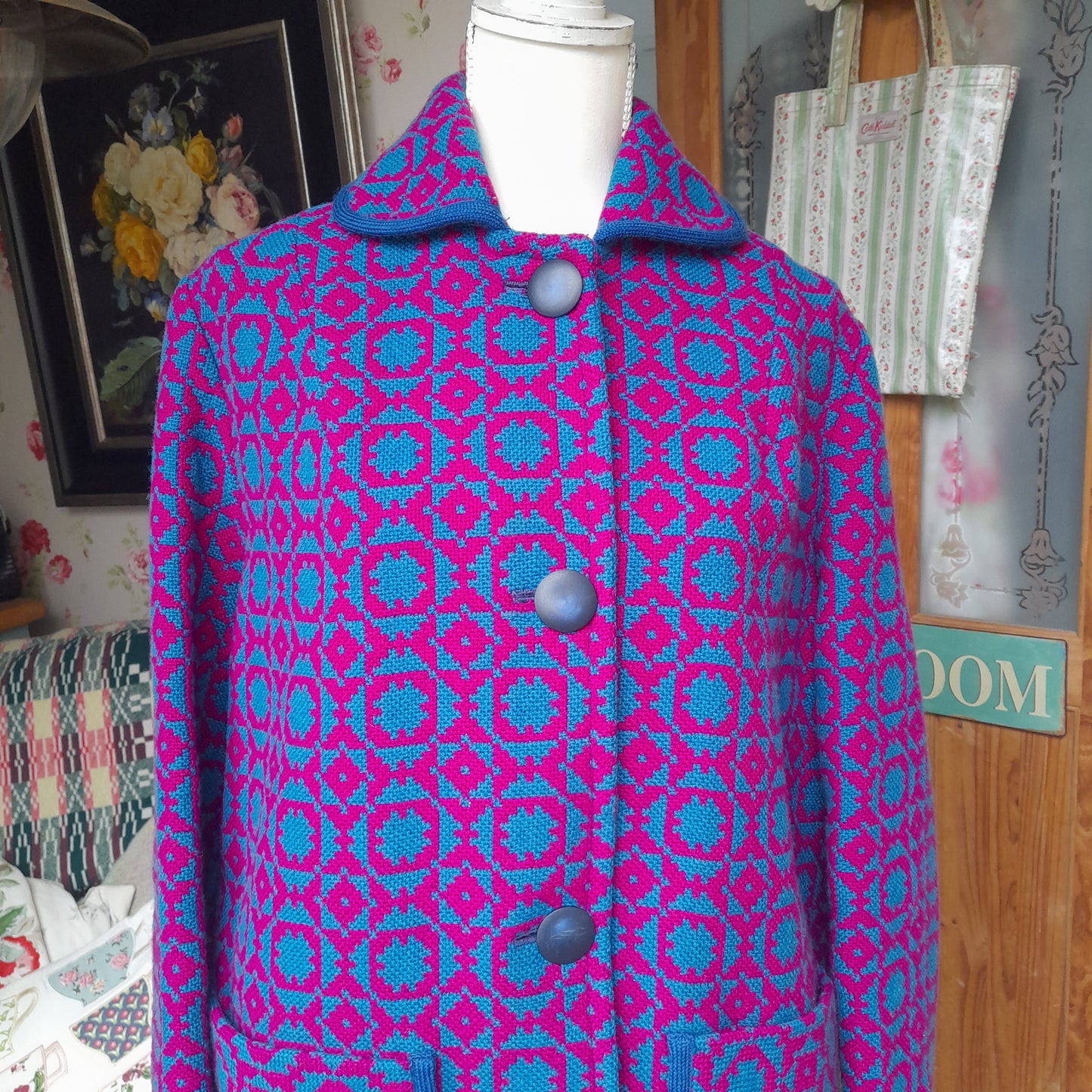 Vintage Welsh Tapestry Long Coat in Bright Pink & Turquoise
