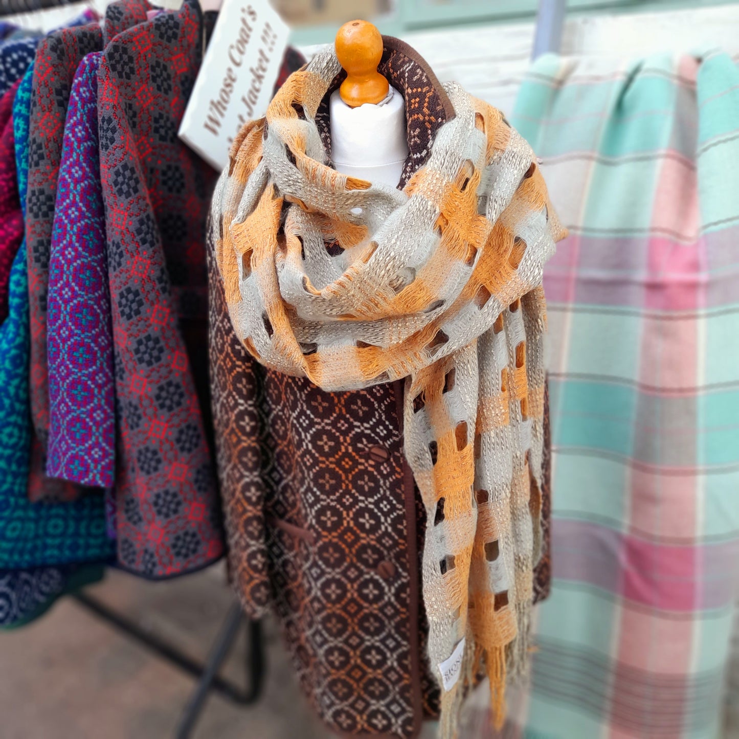 Sioni Rhys Handwoven Wool Wrap/Shawl in Burnt Orange & Sage Green