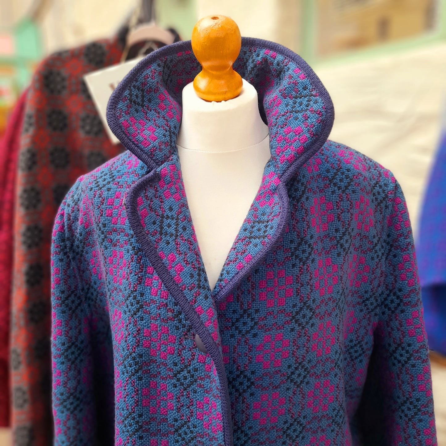 Vintage Welsh Wool Tapestry Pea Coat in Blue & Pink Large Size 18