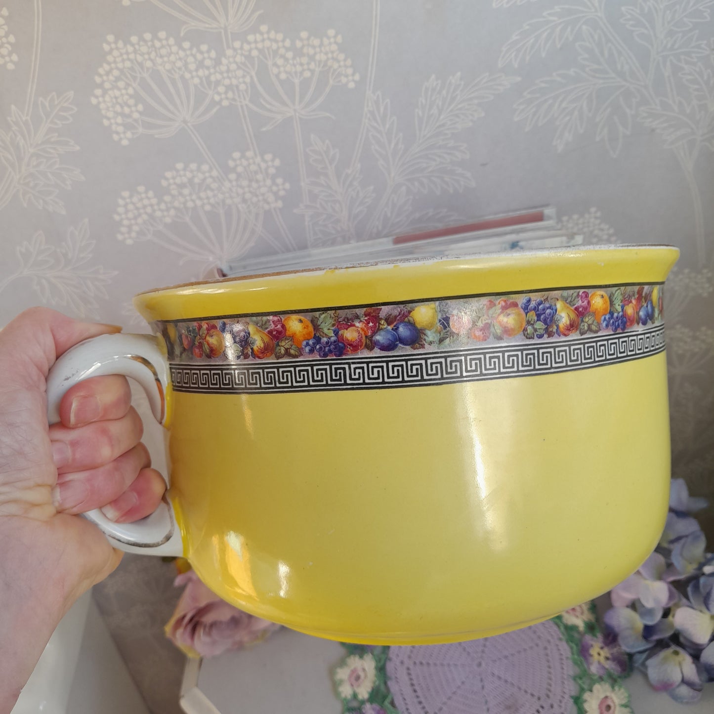 Victorian Sunshine Yellow Chamber Pot with Fruit & Greek Key Design