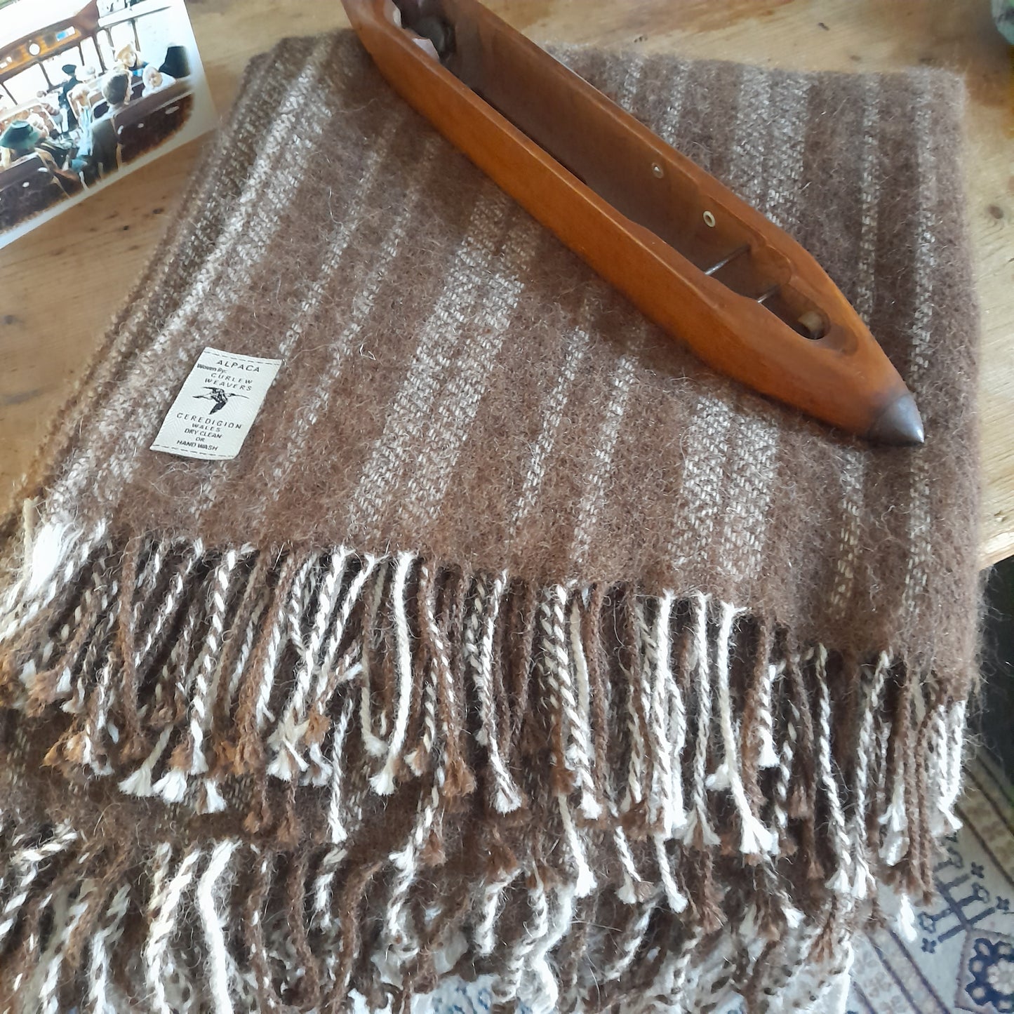 Welsh Blanket in Natural Brown Alpaca Wool Cream Stripe Hand Woven by Curlew Weavers