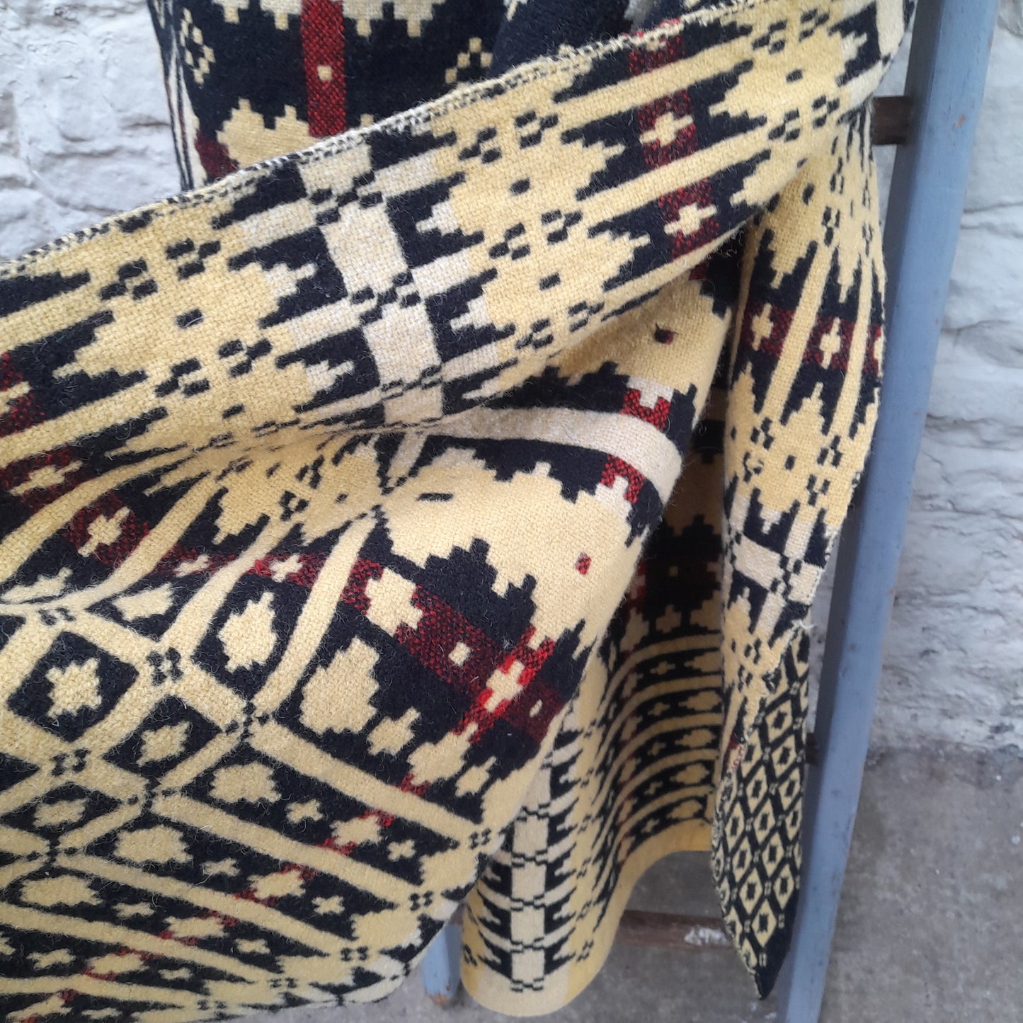 Antique Welsh Blanket in Black Red & Yellow by Brynkir Mill
