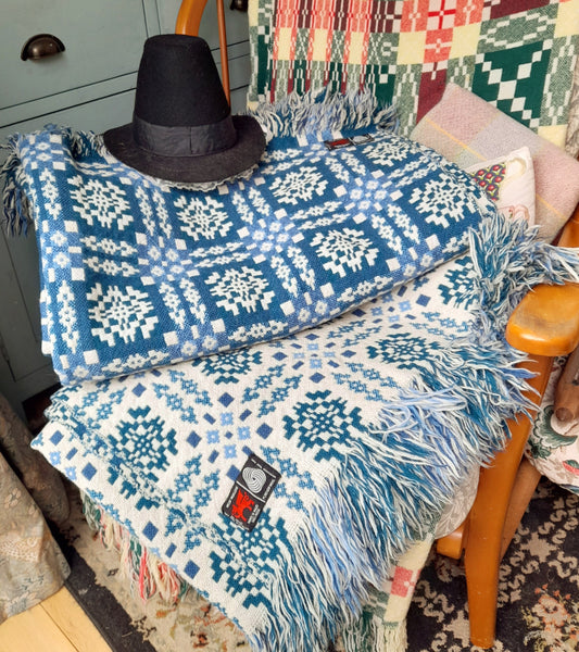 Pair of Welsh Tapestry Blankets in Navy Sky Blue & White