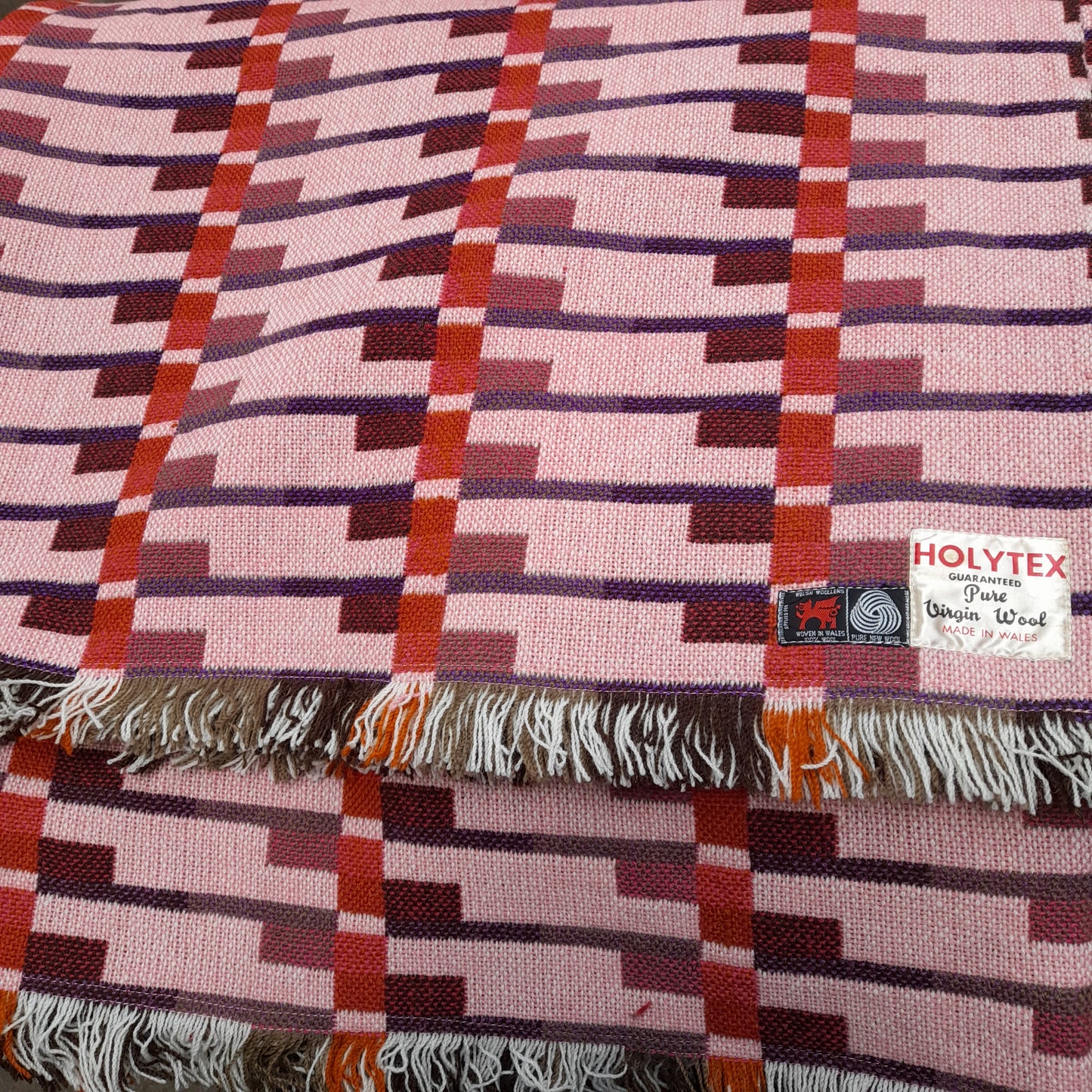 RARE Vintage Welsh Tapestry Blanket in Rose Pink, Orange & Burgundy Original Holytex Mill Label
