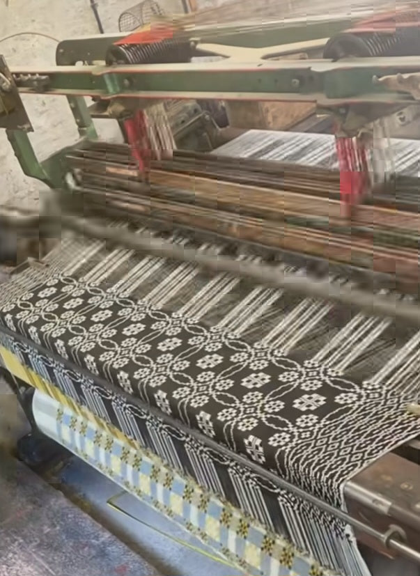 Welsh Tapestry Blanket in Charcoal Light Grey & White Penmachno Peony Design