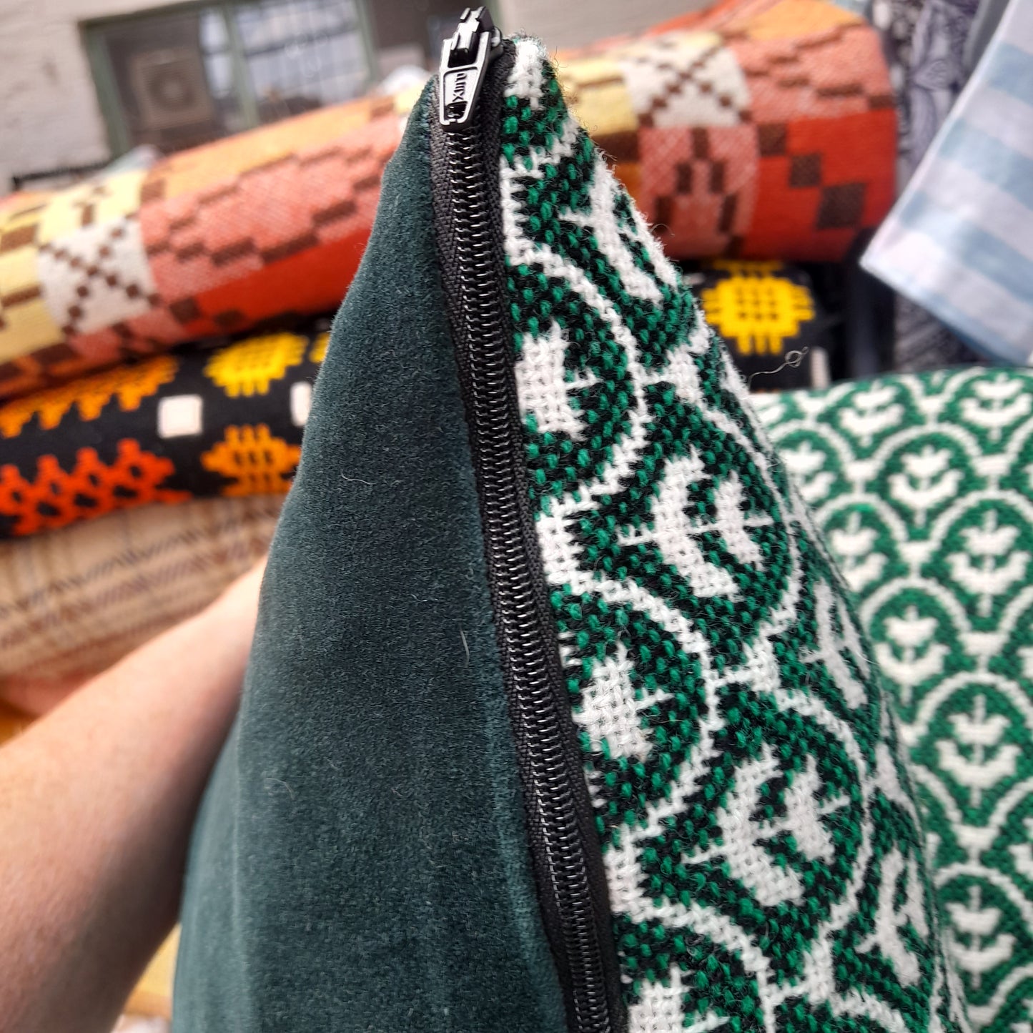 PAIR of Cushions in Emerald Green, Black & White Made From Vintage Welsh Tapestry 'Tulip' Fabric by Brynkir Woollen Mill 18"