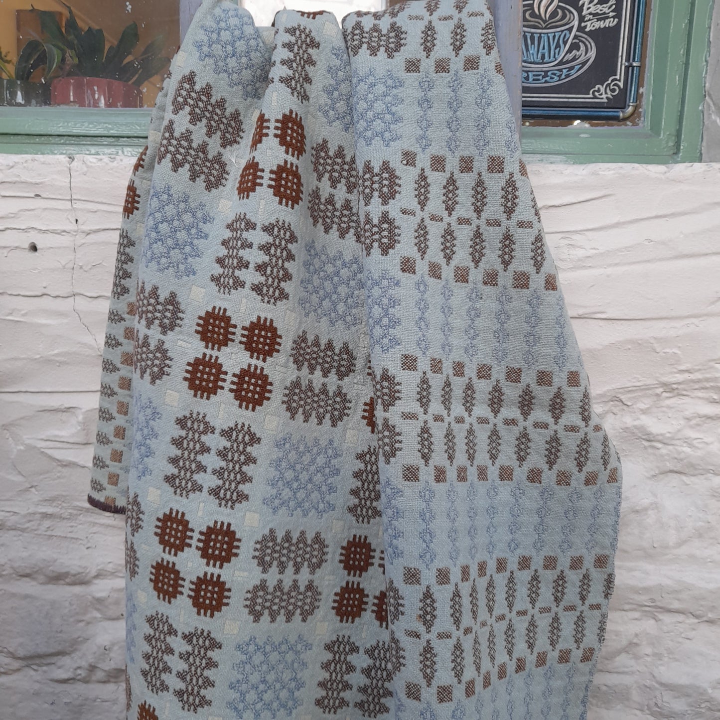 RARE Early Antique Welsh Tapestry Blanket in Grey Blue & Brown