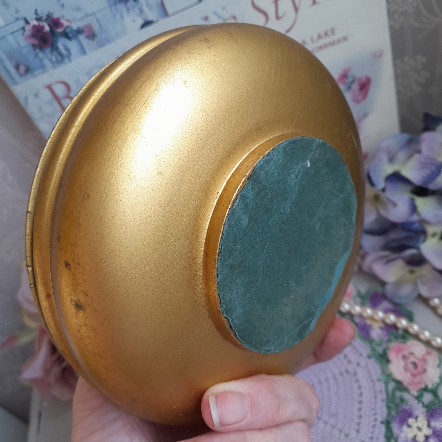 Vintage Barbola Round Gold Trinket Pot With Raised Flowers on Lid