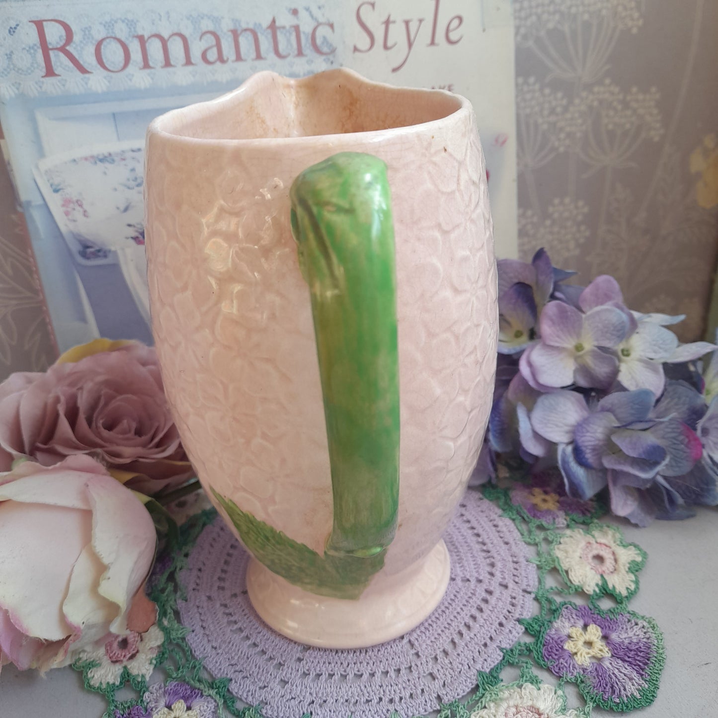 Art Deco Falcon Ware Pink Hydrangea Ceramic Jug Decorative Pitcher With Green Handle