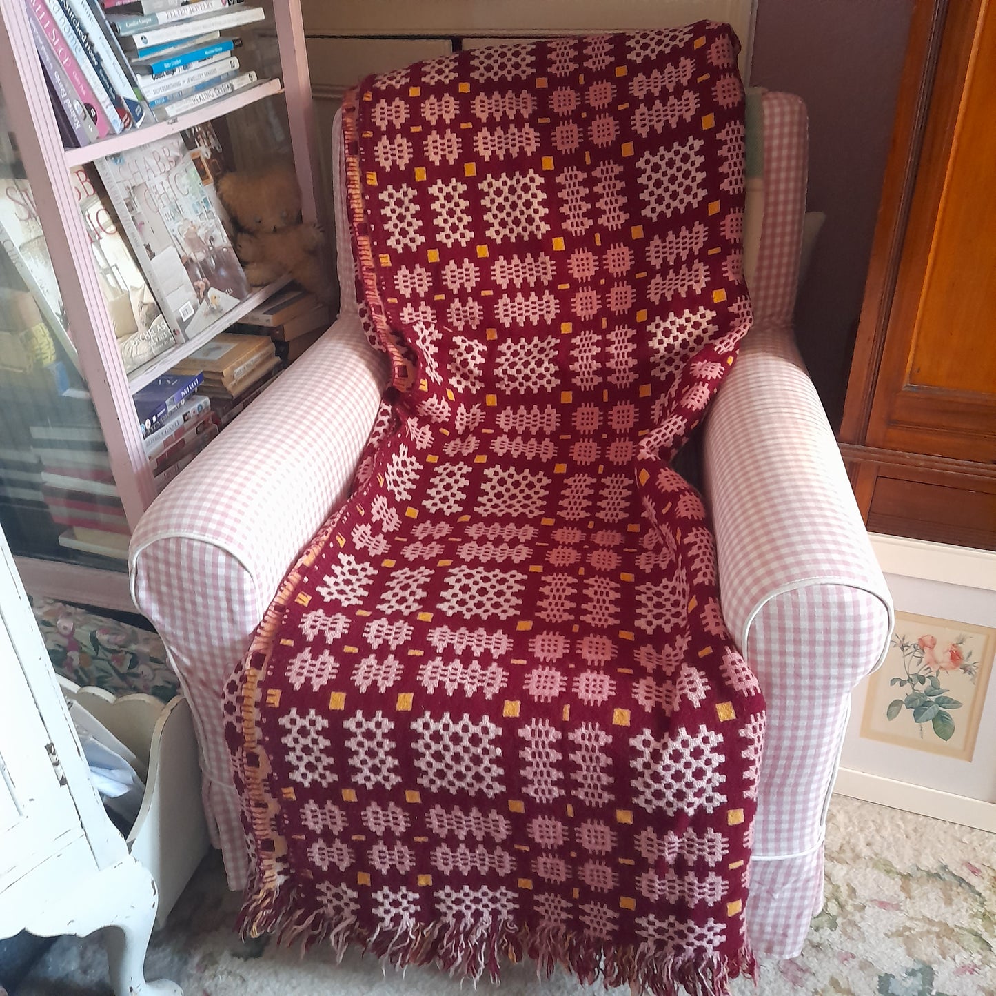 Vintage Welsh Tapestry Blanket in Burgundy Pink & A Pop of Daffodil Yellow King Size