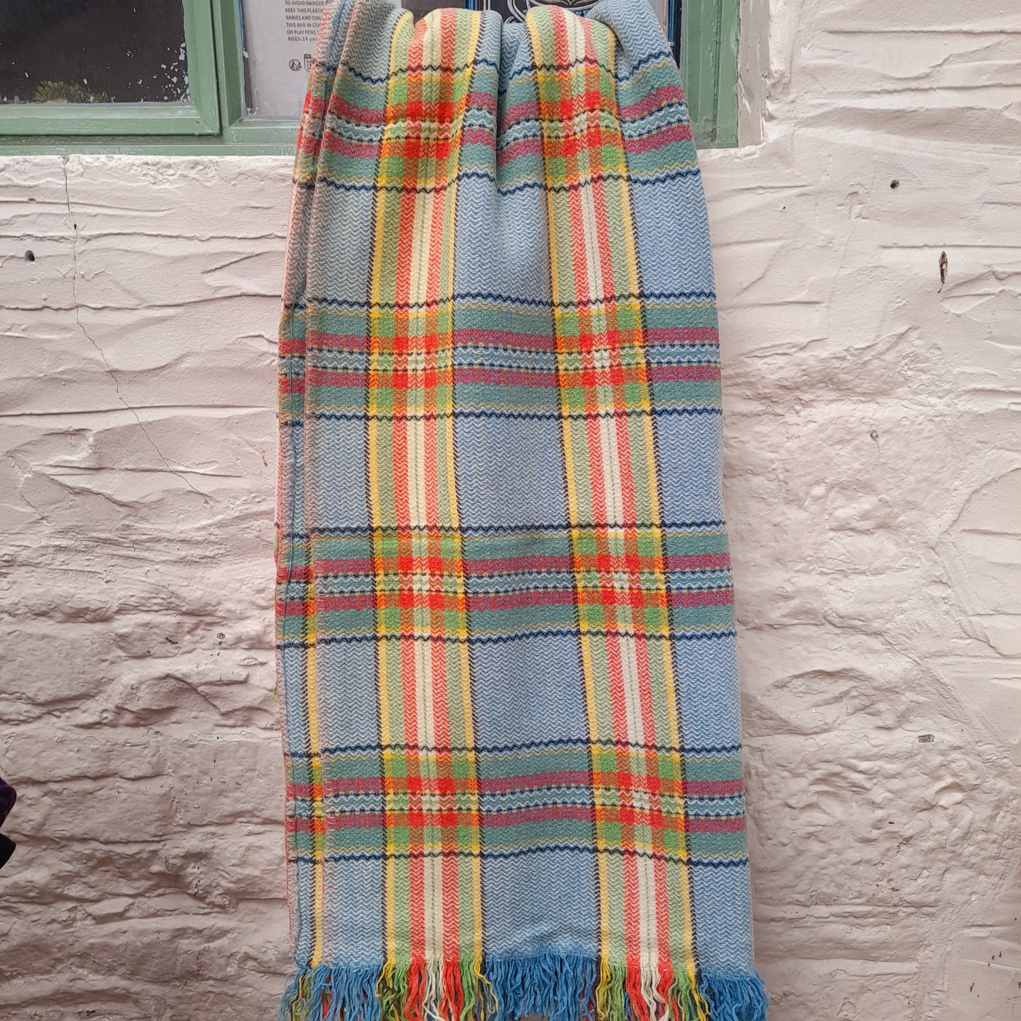 Vintage Welsh Wool Blanket/Carthen in Vibrant Blue, Green, Yellow & Red With Liquorice Stripe