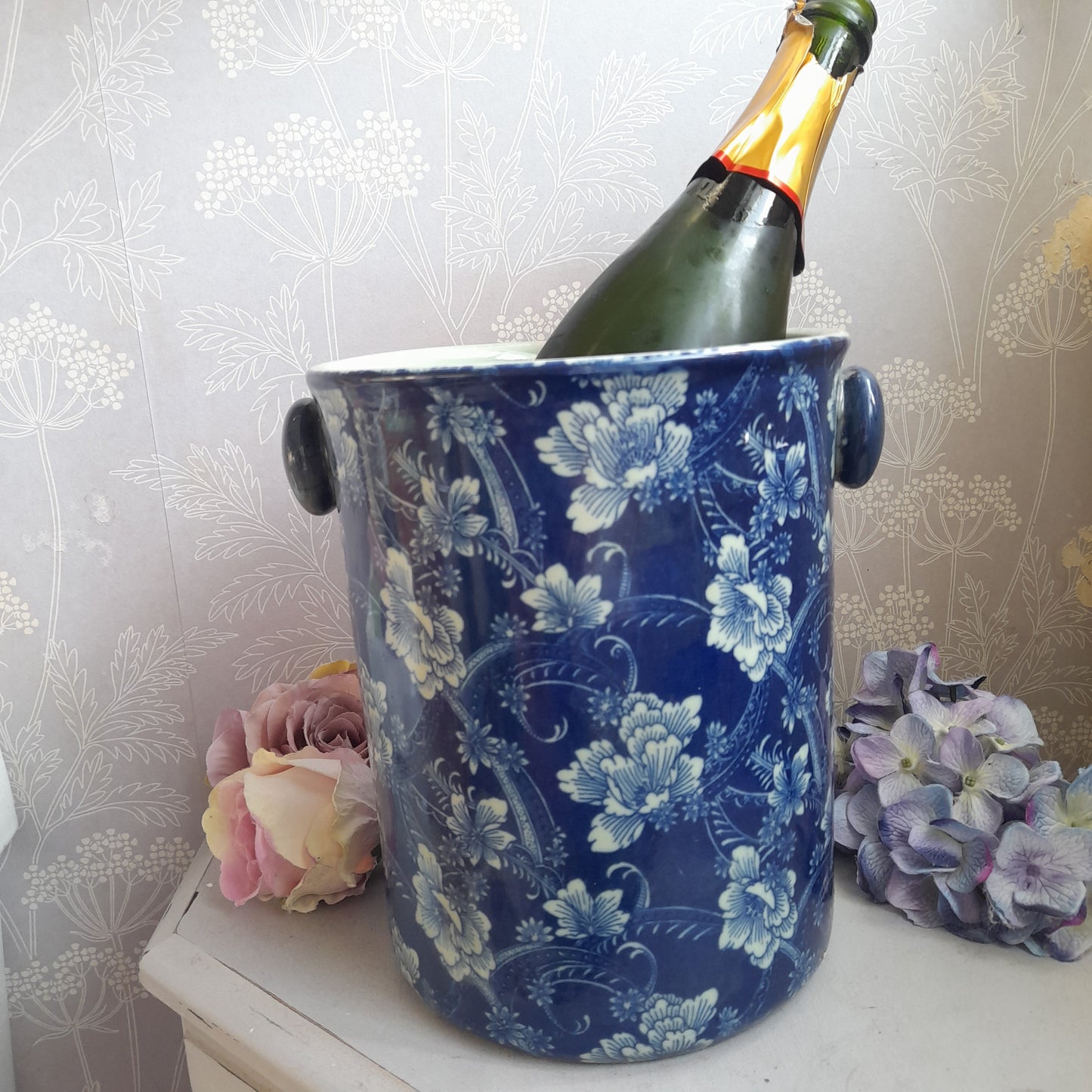 Vintage Blue & White Floral Ceramic Wine Cooler Champagne Bucket