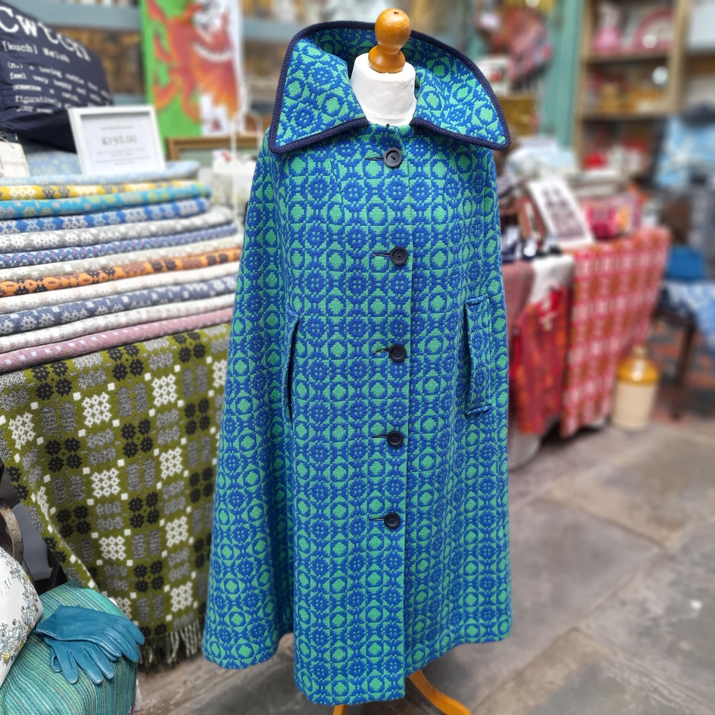 Vintage Welsh Tapestry Cape in Blue & Green Full Length