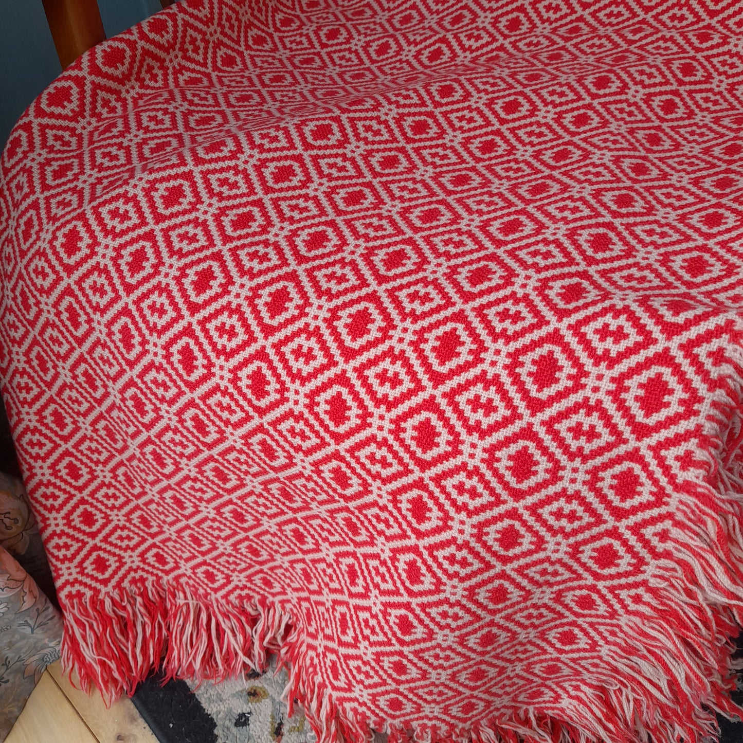 RARE Vintage Welsh Tapestry Blanket in Tomato Red & Cream by Rhydybont Mill